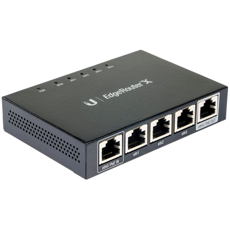 UBIQUITI EdgeRouter X; 1) GbE, 24V passive PoE RJ45 input; 3) GbE RJ45 ports; 1) GbE PoE passthrough output.