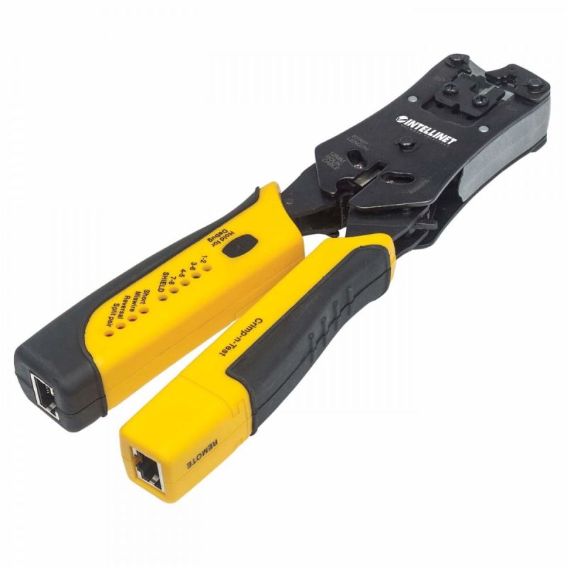 Intellinet Universal Modular Plug Crimping Tool and Cable Tester, 2-in-1 Crimper and Cable Tester: Cuts, Strips, Terminates and Tests, RJ45/