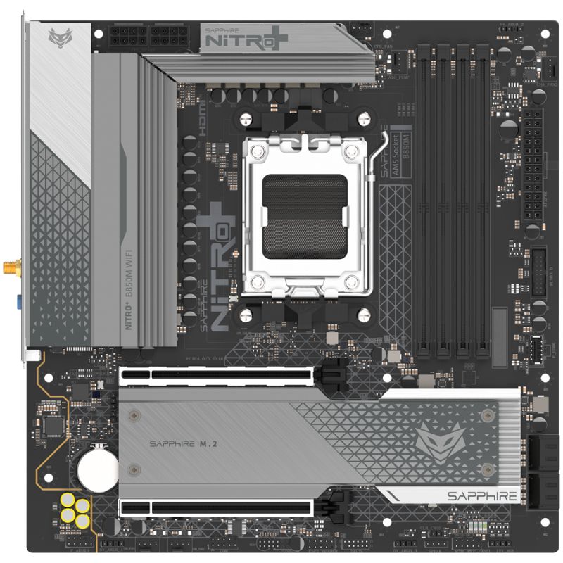 SAPPHIRE AMD B850M AM5 NITRO+ Ryzen R9/R7/R5, 4x DDR5 8000MHz, PCIE 5.0 x 16, 1x M.2 Gen5, 1x M.2 Gen4, LAN 2.5 Gbps, WIFI6, USB, Micro-ATX